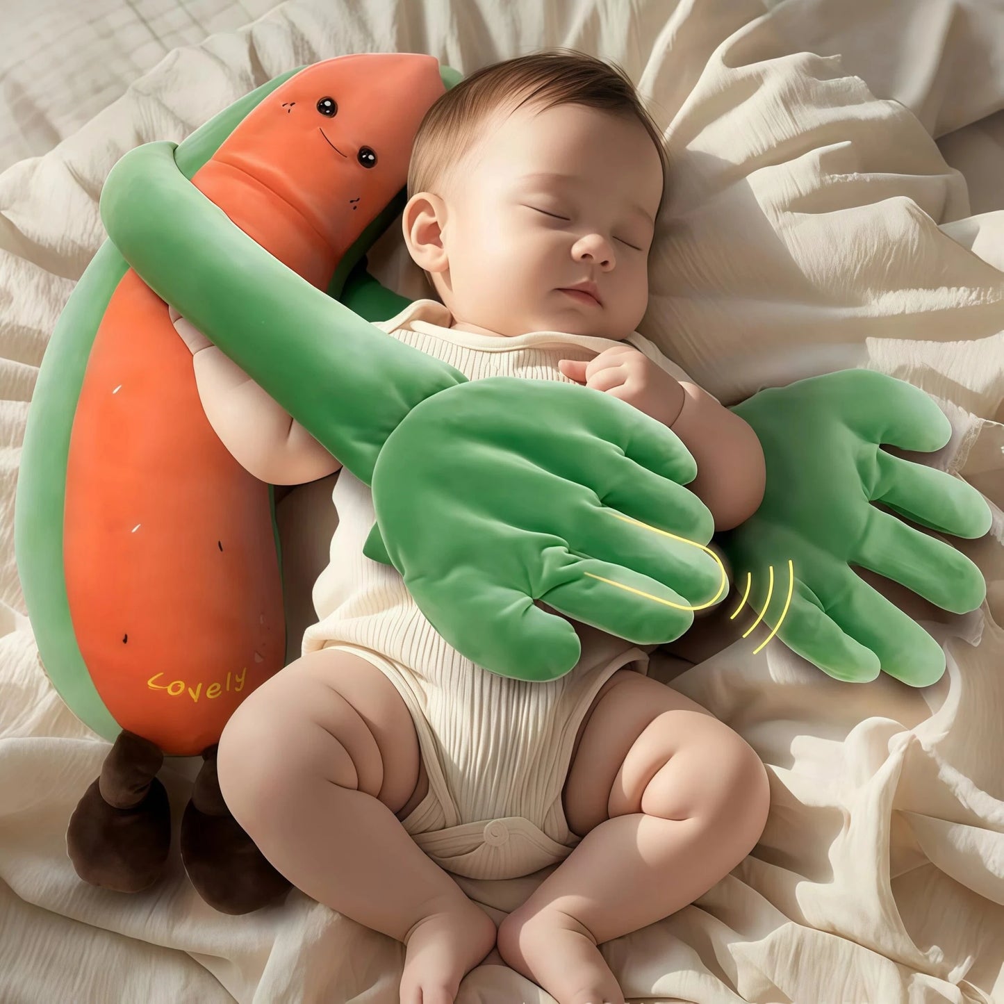 MoiHug banana body pillow, a long plush body pillow providing gentle support for babies to sleep aid and relax.