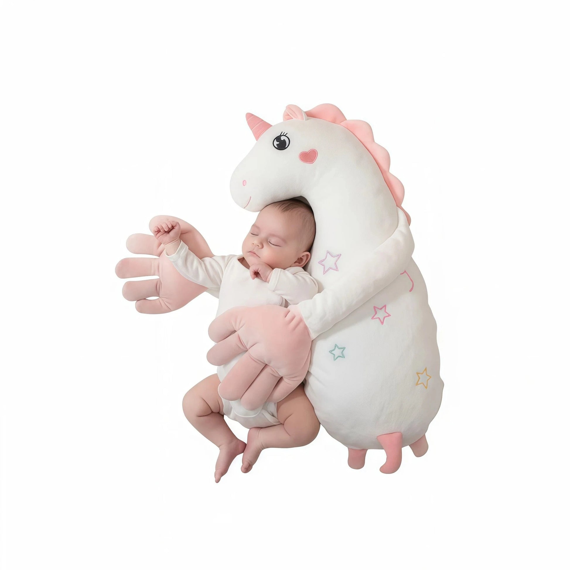 How to help your baby fall asleep quickly, Therapeutic plush toys. Against a light pink background, a baby is sleeping peacefully on their side, nestled in the embrace of a white cartoon unicorn plush baby pillow (Specification: side sleeping pillow). This pillow features large pink hand-shaped arms, mimicking a hug, serving as the best natural sleep aid and a therapeutic plush toy to quickly soothe baby's emotions and aid in how to help your baby fall asleep quickly