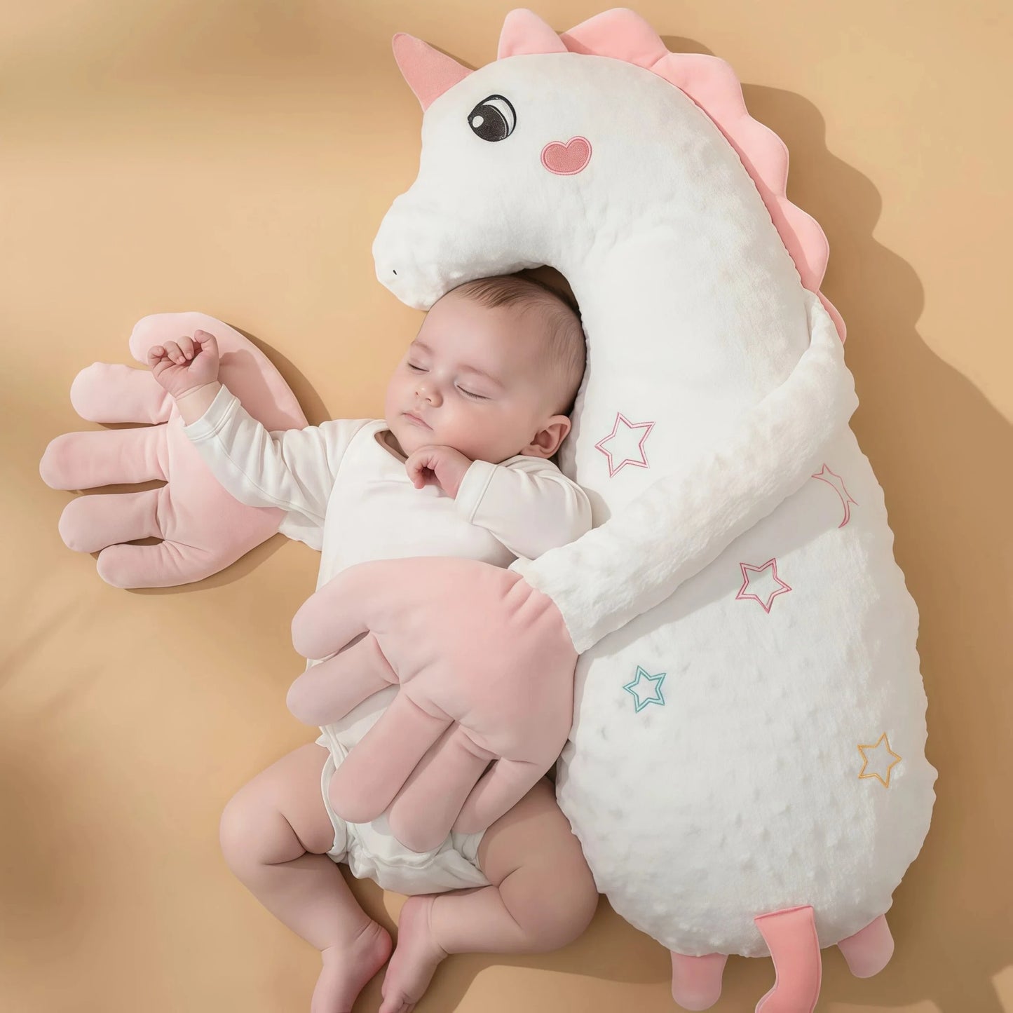 a baby is sleeping on their side, hugging a white cartoon unicorn plush baby pillow (Specification: side sleeping pillow), with the pillow's hand-shaped arms gently surrounding the infant. This Anxiety Relief Toy helps reduce the difficulties of mothers taking care of their babies and how to reduce maternal fatigue, thereby allowing mothers to have their own time.