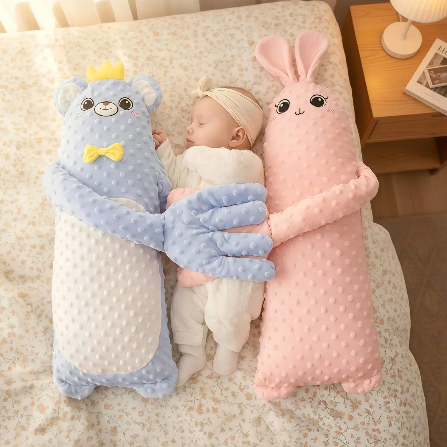MoiHug body pillow, a baby sleeping between a blue bear and pink rabbit bolster pillow for comfort and sleep aid.