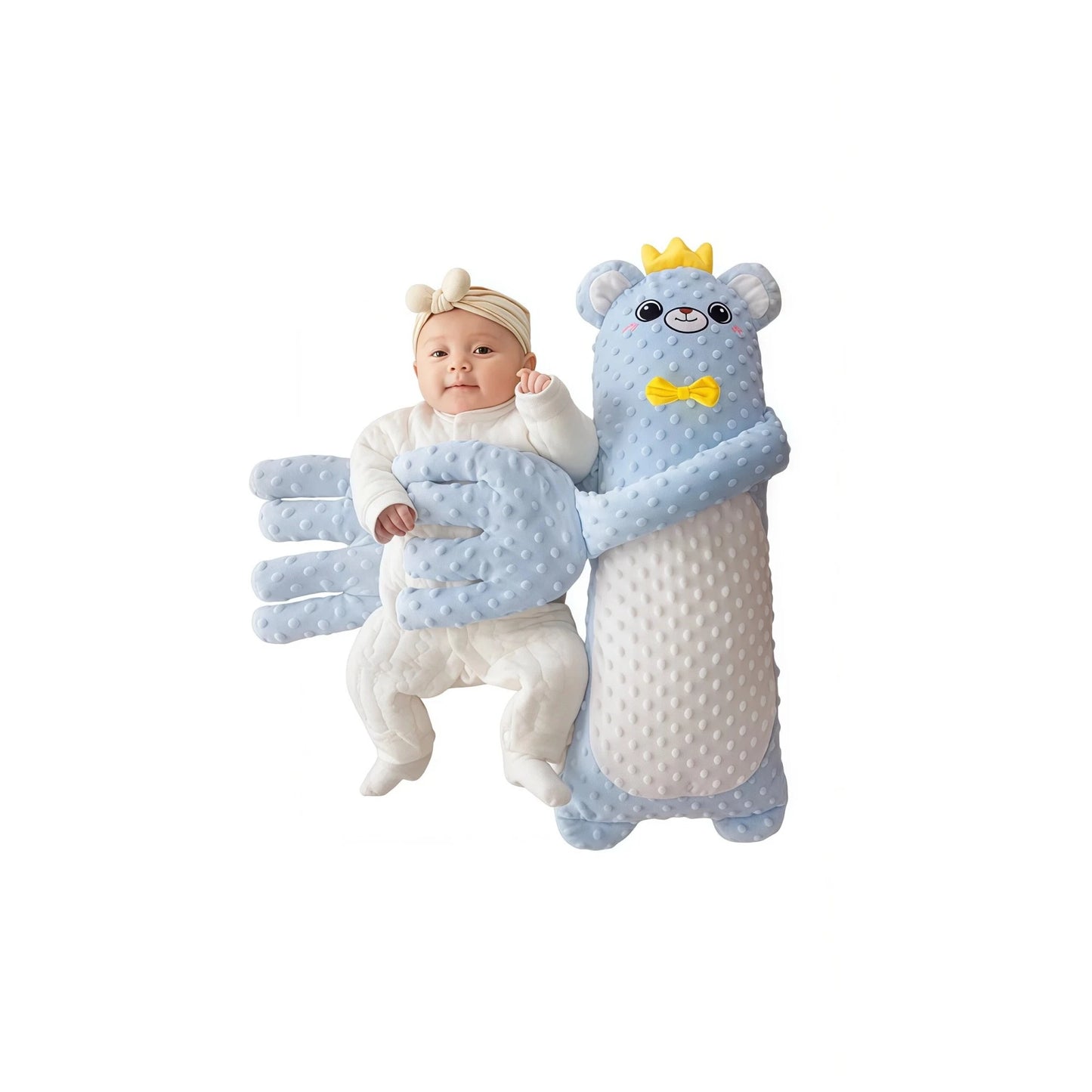 Blue Bear Body Pillow Hug: A baby is embraced by the blue bear body pillow wearing a crown and a bow tie. This Calming Companion Pillow with bionic hugging design provides gentle pressure, helping to relieve inner anxiety and serves as a powerful baby soother (what is the best sleep aid).