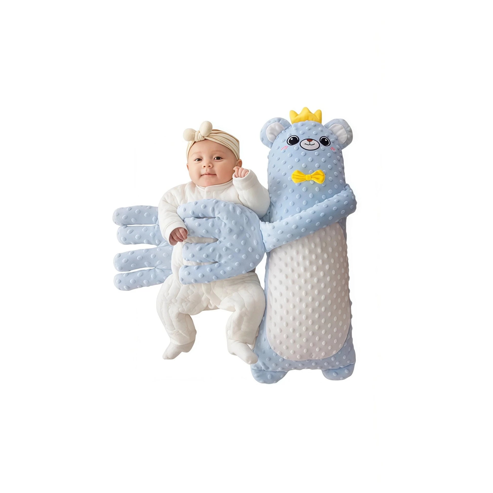 Blue Bear Body Pillow Hug: A baby is embraced by the blue bear body pillow wearing a crown and a bow tie. This Calming Companion Pillow with bionic hugging design provides gentle pressure, helping to relieve inner anxiety and serves as a powerful baby soother (what is the best sleep aid).