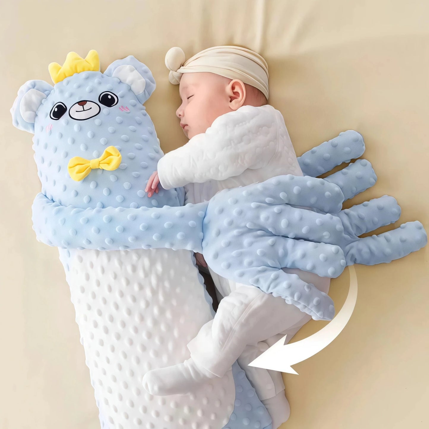 Bear Comfort Plush Sleep: A baby is soundly asleep embraced by the blue bear Therapy Plush. Its long arms provide a Full Sense of Security. This adult cuddle pillow and Soothing weighted toy is designed to soothe your negative emotions and promote deeper, longer sleep (how to fall asleep quickly).