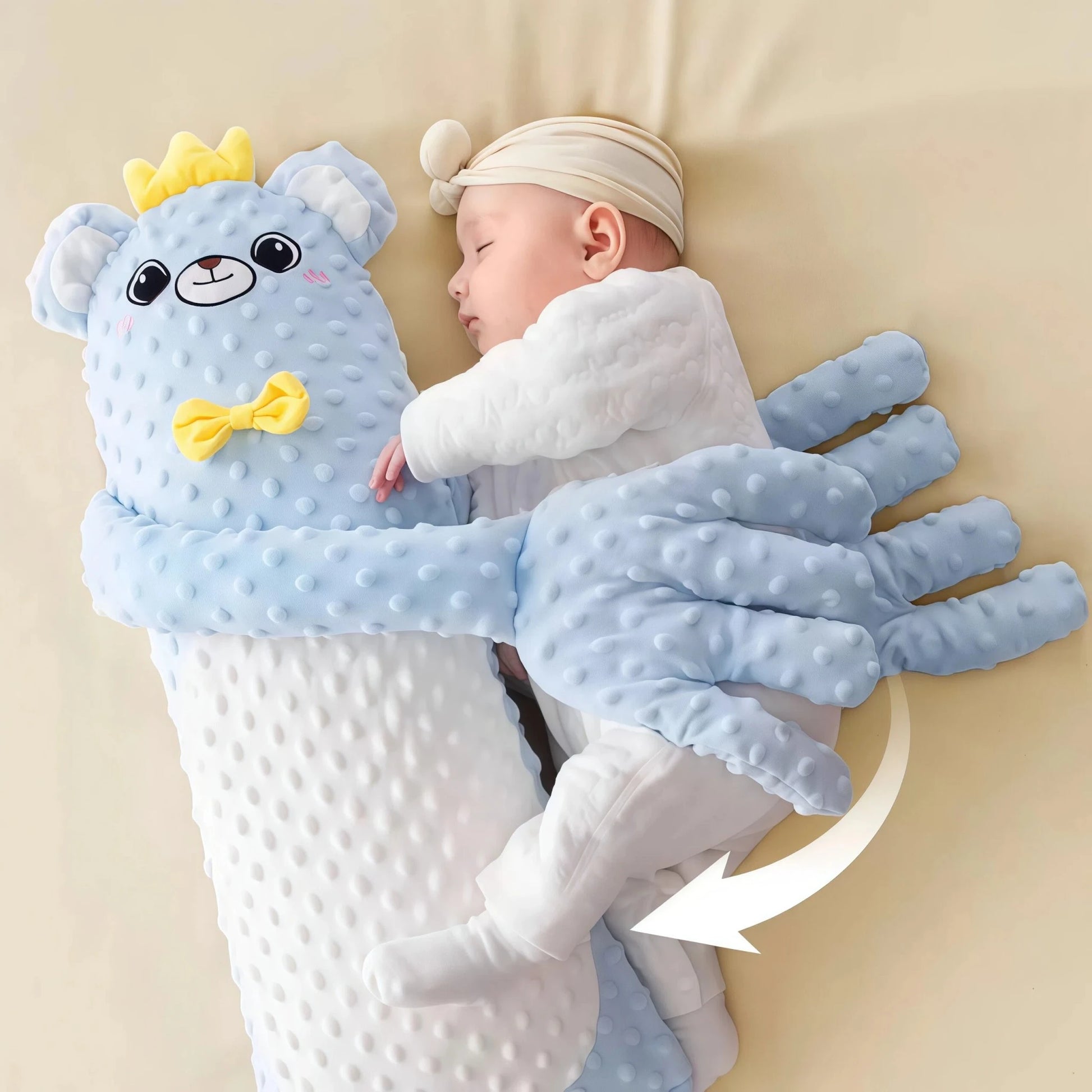 Bear Comfort Plush Sleep: A baby is soundly asleep embraced by the blue bear Therapy Plush. Its long arms provide a Full Sense of Security. This adult cuddle pillow and Soothing weighted toy is designed to soothe your negative emotions and promote deeper, longer sleep (how to fall asleep quickly).