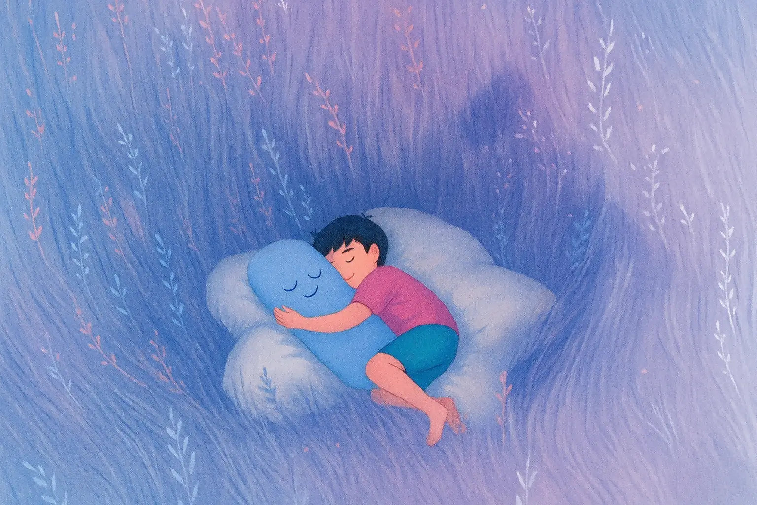 A boy hugging a blue smiling pillow, sleeping in a natural environment. The best sleep aid to reduce inner anxiety.