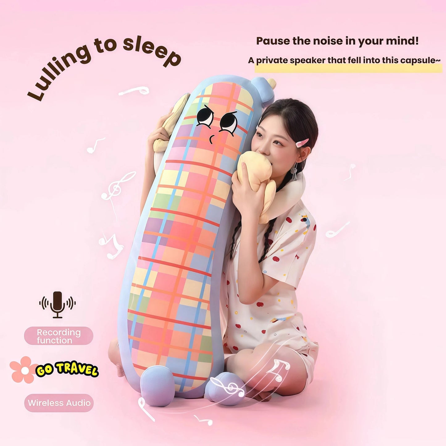 Wireless music long plush bolster pillow, built-in audio rest function, soft calming body insert ideal for side sleepers sleep aid.