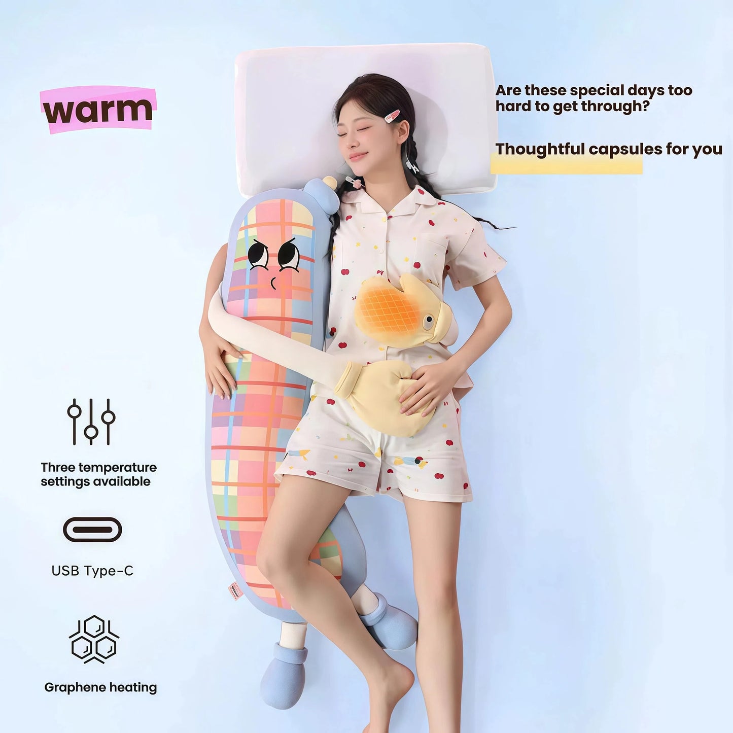 Young woman sleeps with moihug heated body pillow, graphene heating natural sleep aid, anxiety relief therapy plush to relieve insomnia.