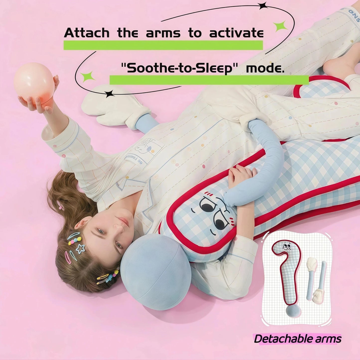 MoiHug Body Pillow with detachable arms. Rhythmic tapping for sleep mode helps you relax yourself and find inner peace.