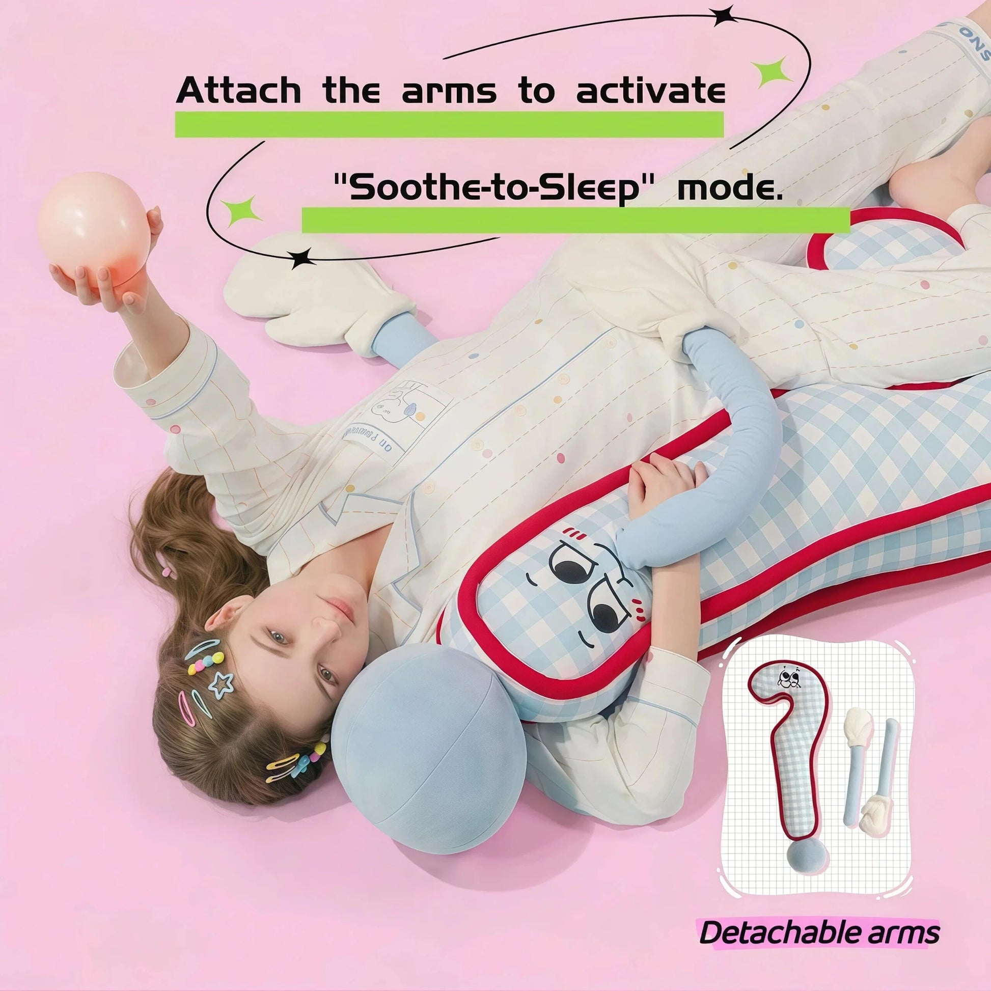 MoiHug Body Pillow with detachable arms. Rhythmic tapping for sleep mode helps you relax yourself and find inner peace.