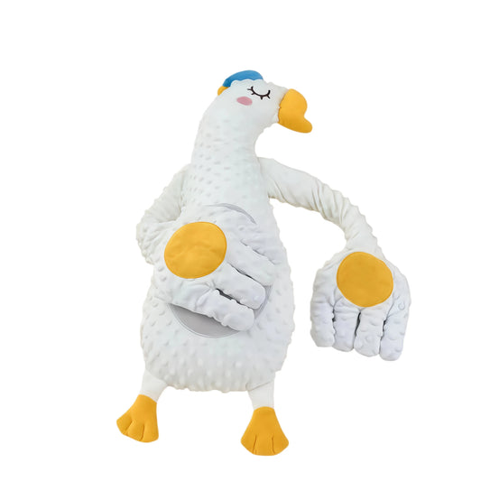 Smart Weighted White Goose Body Pillow for Baby Sleep Aid & Anxiety Relief. A long sensory plush toy with automatic patting and heat functions for restful sleep and relaxation.