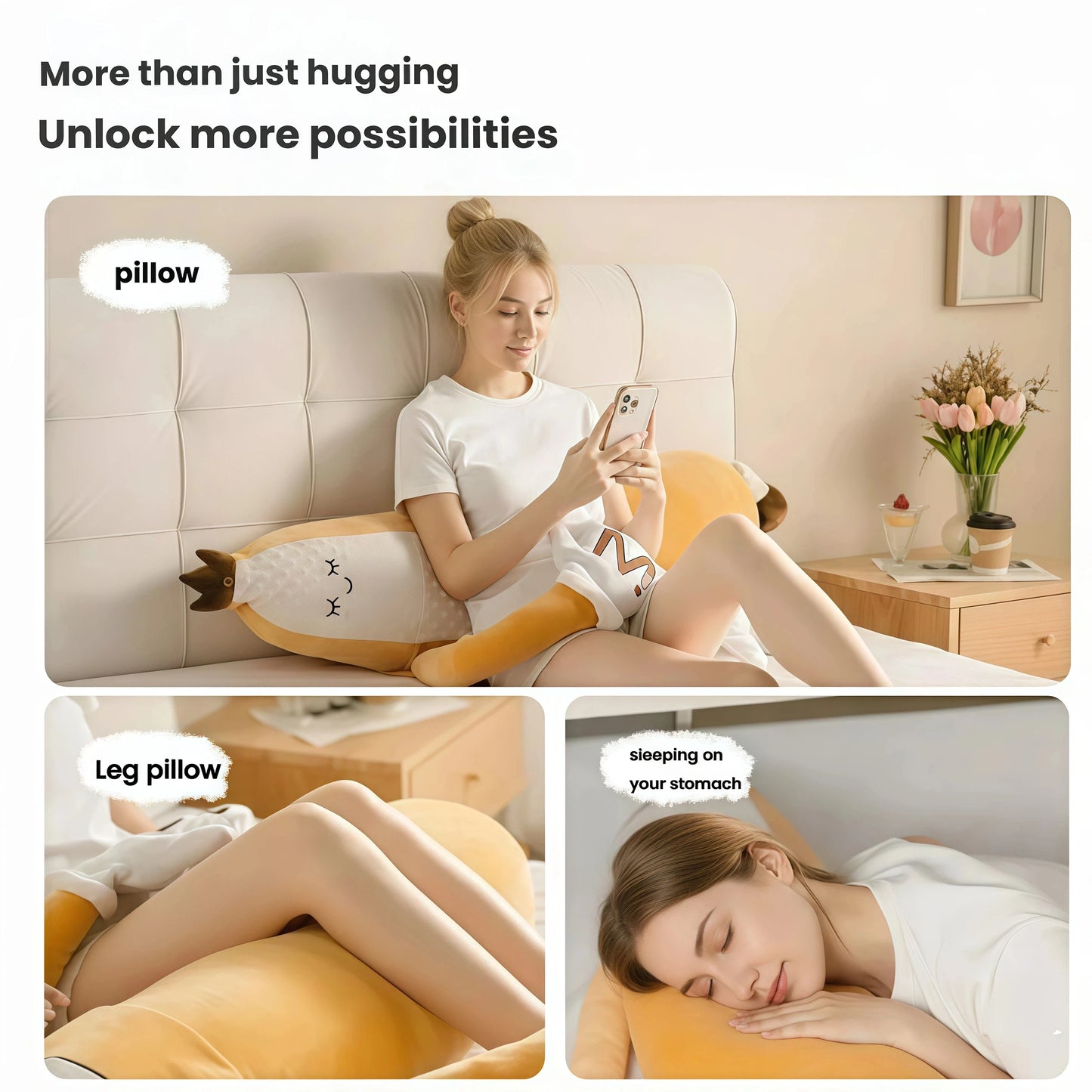 MoiHug body pillow for reading and leg support, versatile bolster pillow ideal for side sleepers and relaxation.