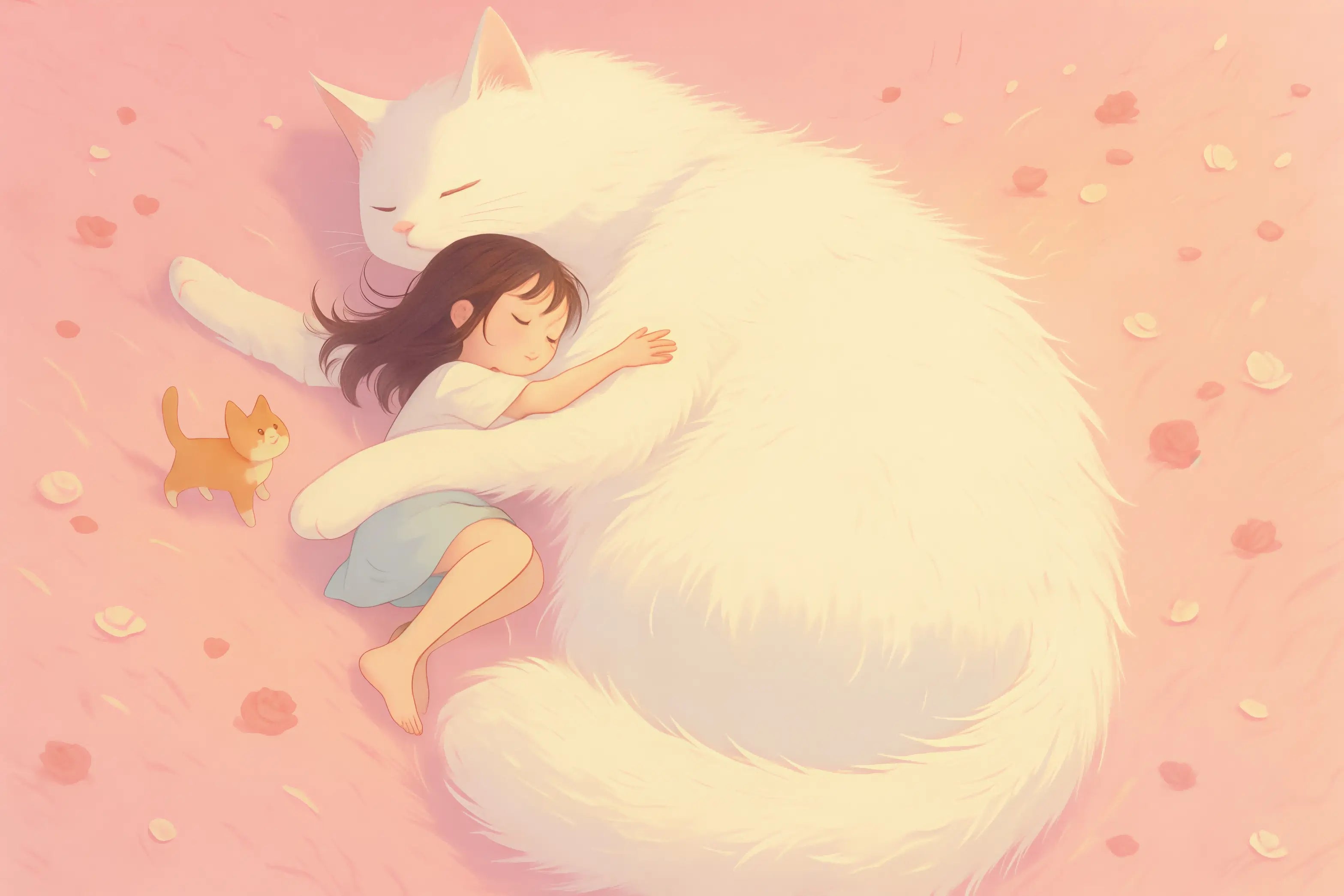 Warm illustration of a giant white cat hugging a girl. How to relax yourself and pay attention to your emotions.