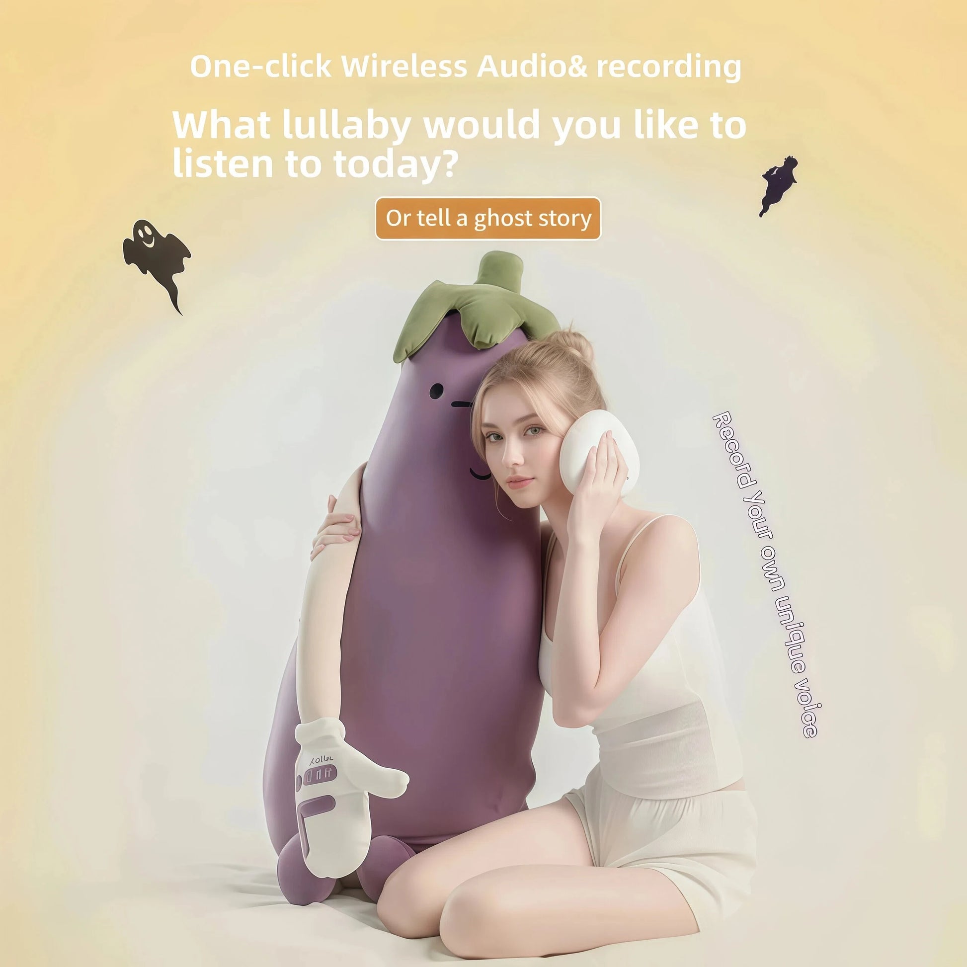 MoiHug eggplant Wireless Audio music long pillow with voice recording, soothing sleep aid for personalized comfort.