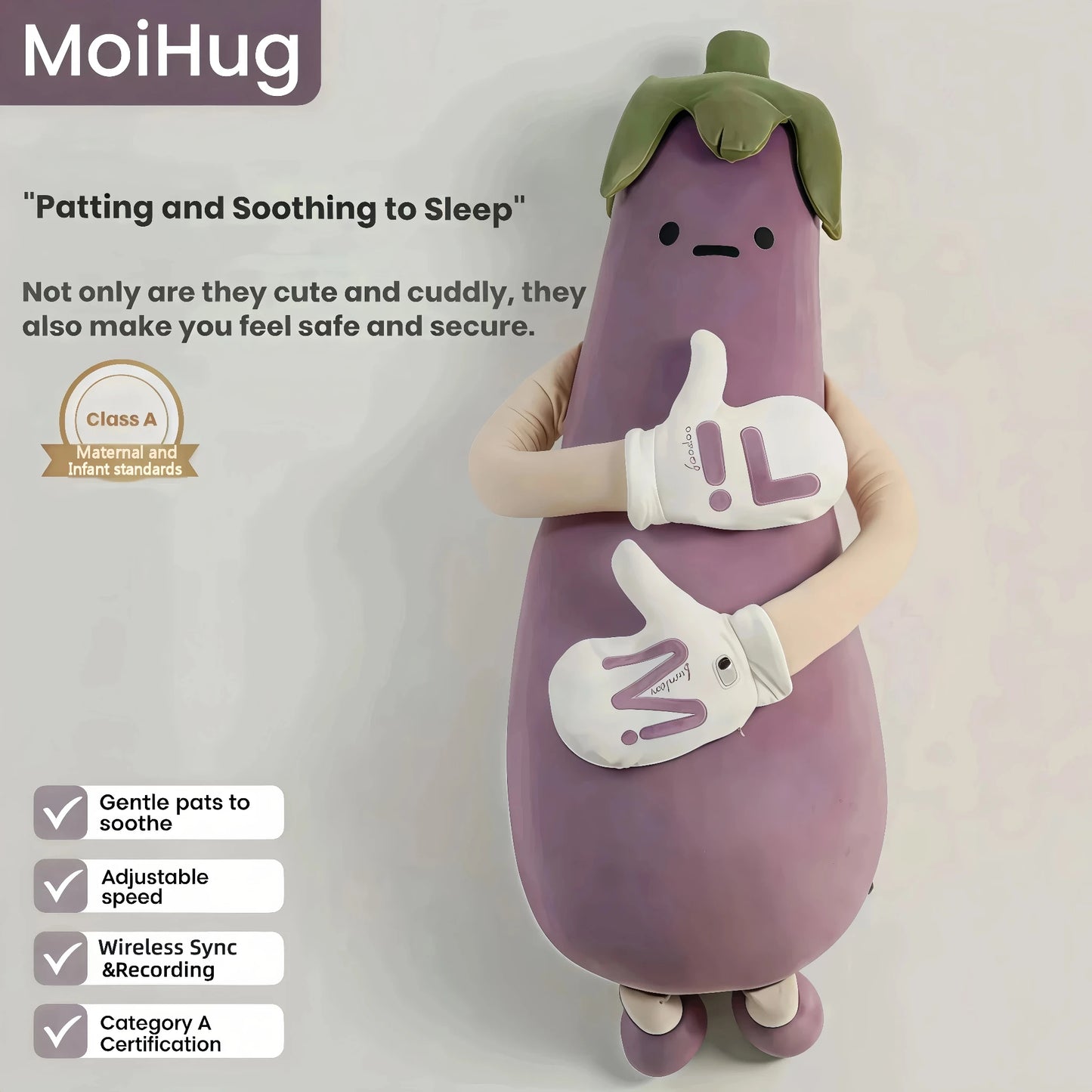 MoiHug eggplant sleep aid with gentle pats and Wireless recording, Class A certified bolster pillow.