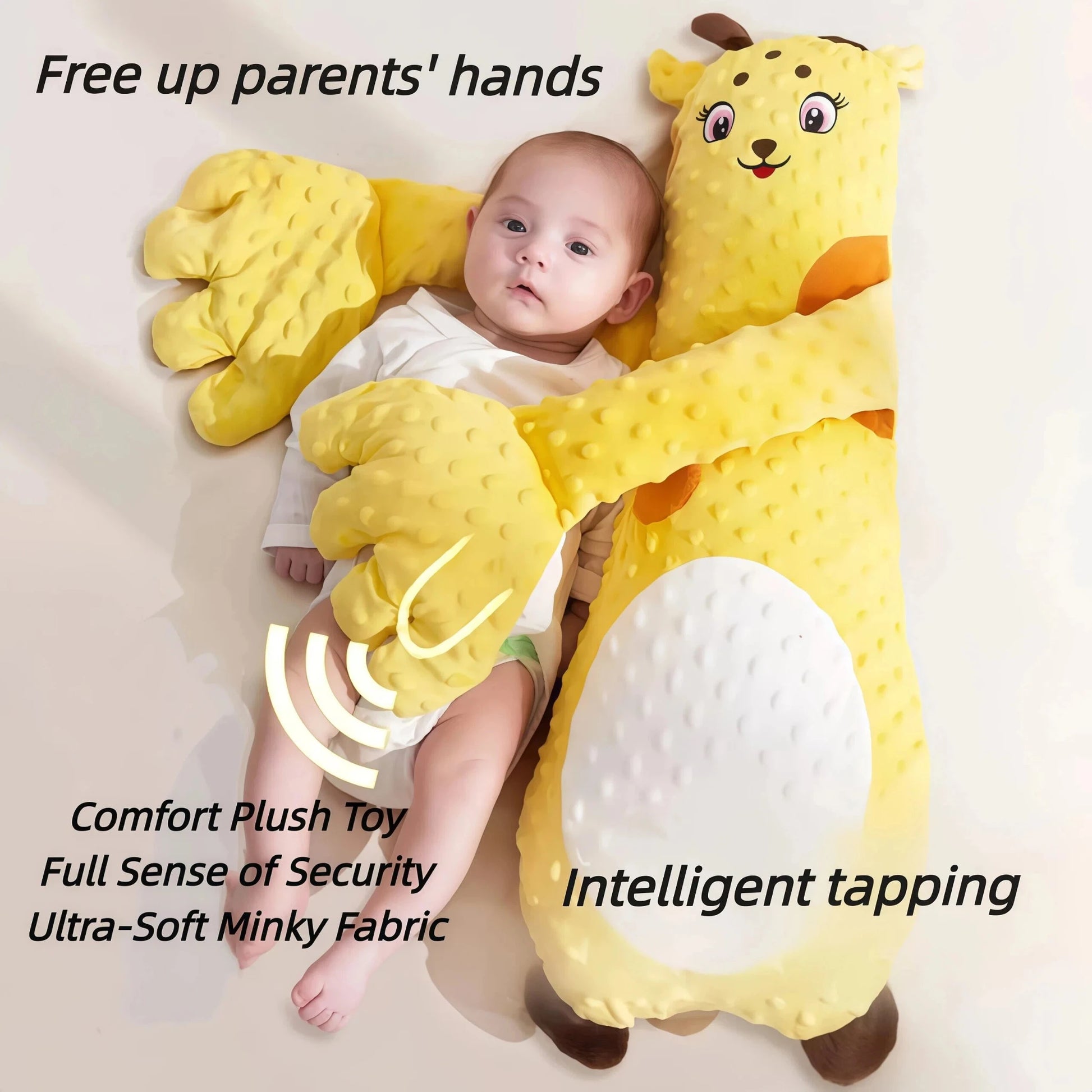 Heated Patting Detail: Close-up of the yellow giraffe hand showing the Detachable/Heated Red beans insert. The palm offers Warm compress (Right palm padding) and Rhythmic Tapping for Sleep, providing A different kind of soothing effect. A multi-functional Heated Sleep Aid.