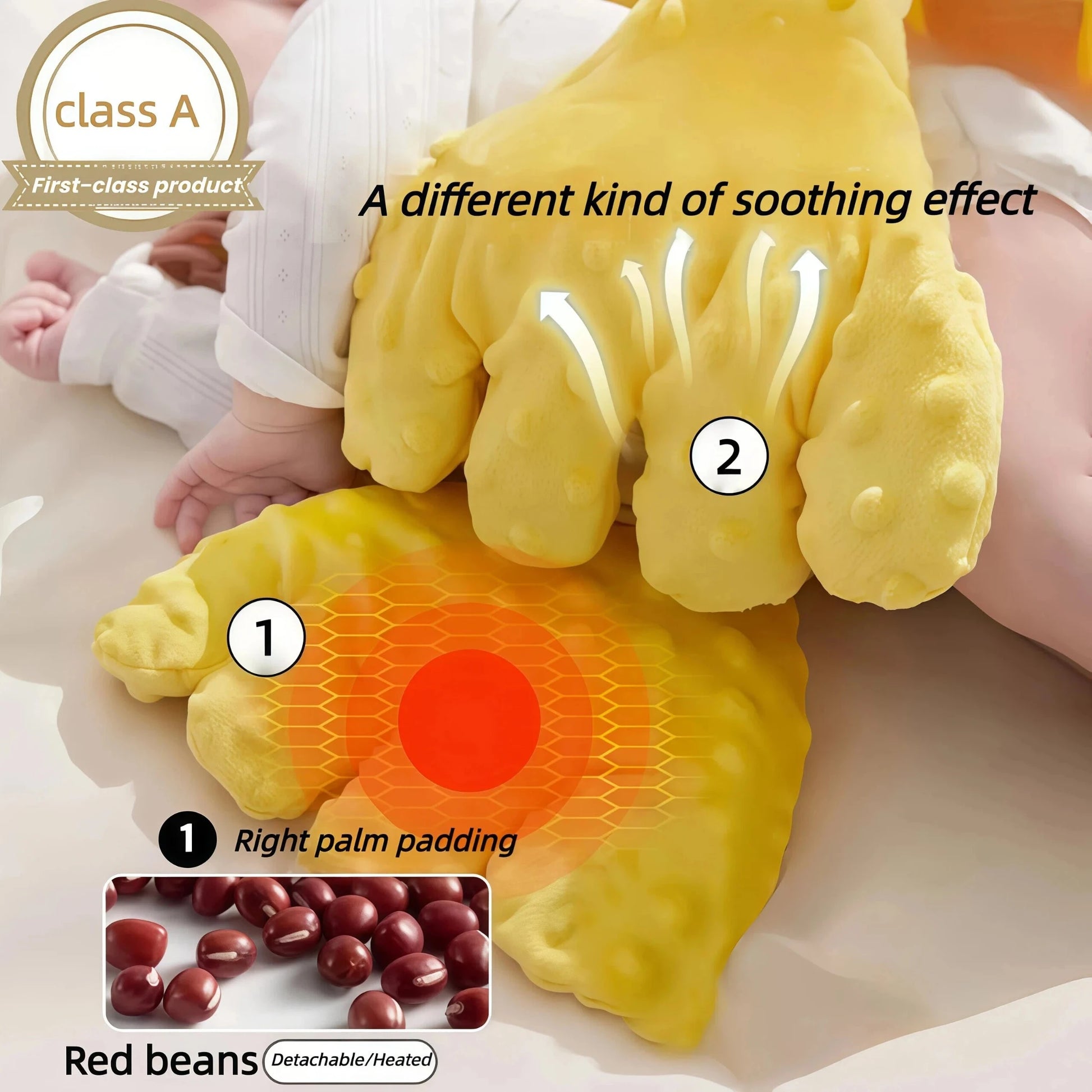A baby is held by the giraffe Comfort Plush Toy, highlighting the Ultra-Soft Minky Fabric and Intelligent tapping function. This feature is designed to Free up parents' hands, reduce the difficulties of mothers taking care of their babies, and allow mothers to have their own time (Reduce maternal fatigue)