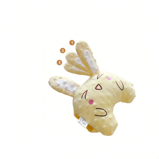 Moihug Yellow Bunny Patting Pillow Function Display: This image shows the automatic patting pillow in a yellow plush bunny design. As an Anxiety Relief Toy, it provides three different frequencies of rhythmic taps. This sleep aid device is designed to help users learn How to relax yourself and How to relieve inner anxiety. It is an ideal choice for How to Improve Sleep Quality.