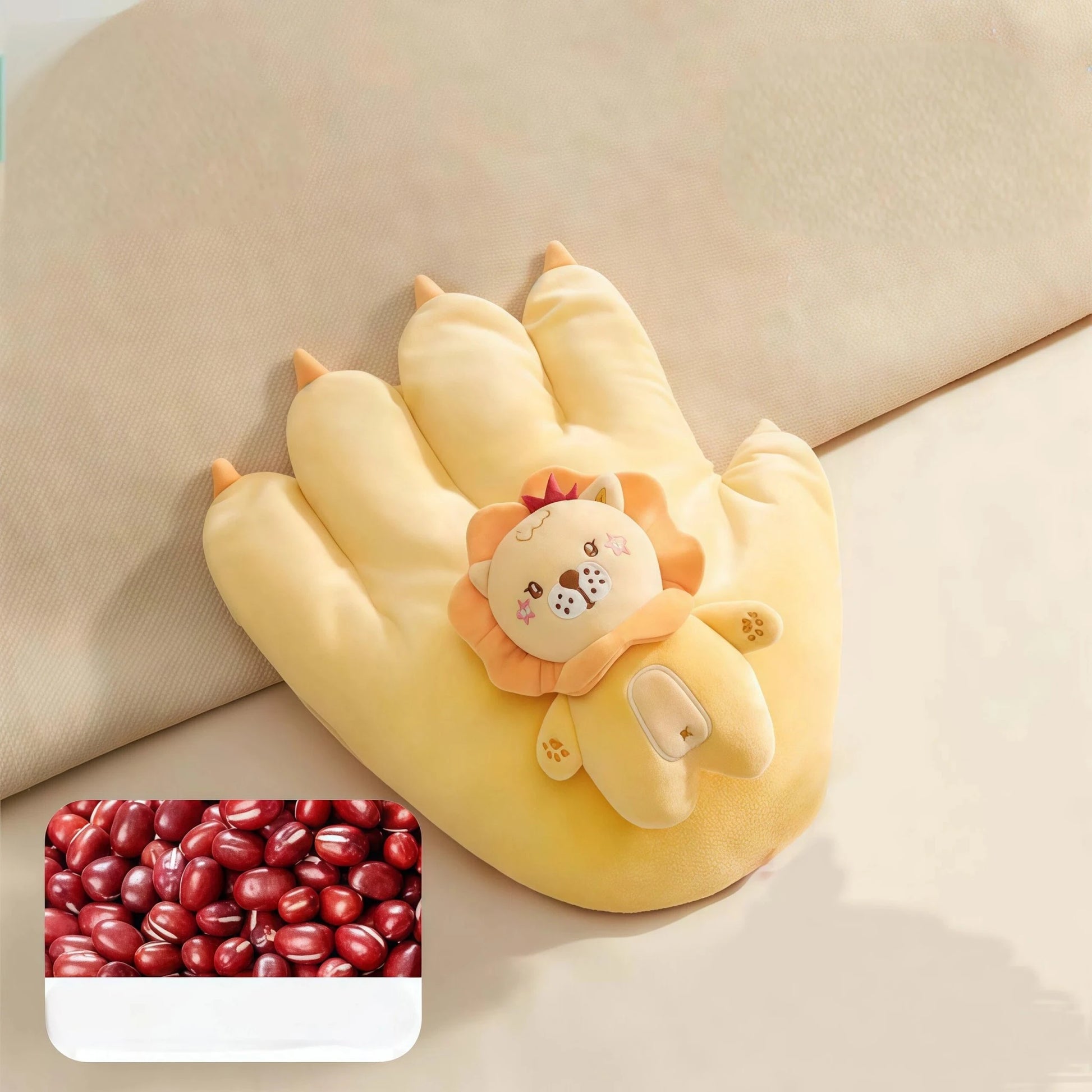Moihug Parent-child Sleep Aid Palm Pillow: Showcases the yellow lion model in a home setting. This body pillow style patting tool is a secret weapon for How to help your baby fall asleep quickly. As a physical over the counter sleep aid, it significantly Reduces the difficulties of mothers taking care of their babies, helping you Pay attention to your emotions.